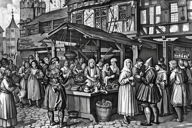 Medieval Market Detailed Engraving of Historical Merchants Busy Scene