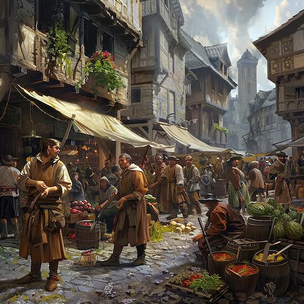 A medieval marketplace bustling with peasants and merchants