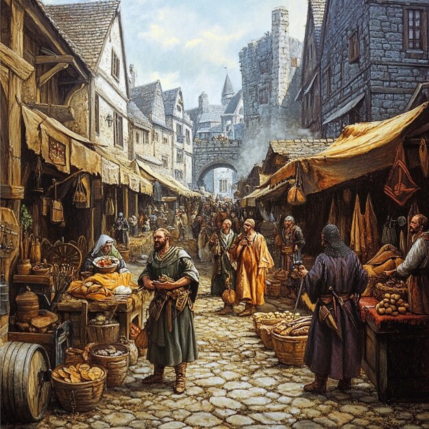 Photo a medieval marketplace with peasants merchants and craftsmen selling their wares