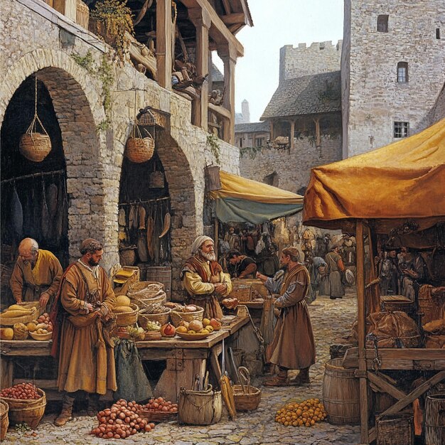 Photo a medieval marketplace with peasants merchants and craftsmen selling their wares