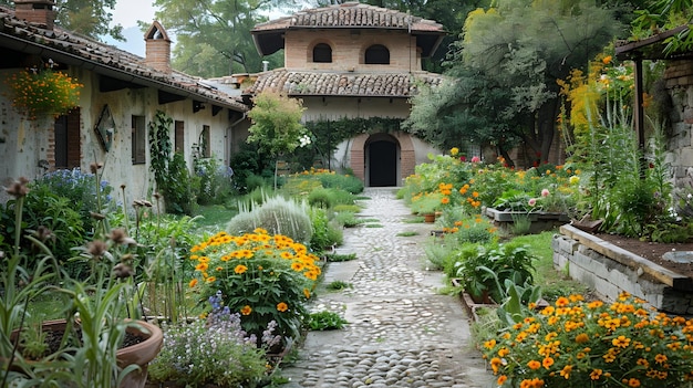 Photo medieval monastery herb garden with medicinal flowers in historical accuracy