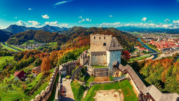 Medieval old castle in Celje city Slovenia Travel outdoor touristic background with amazing panoramic autumn view