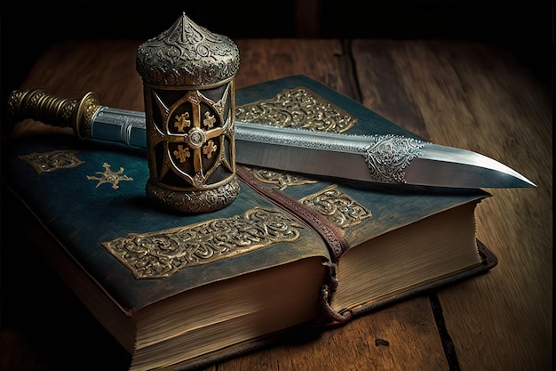 Medieval ornate book and ancient sword on old wooden table created with generative ai