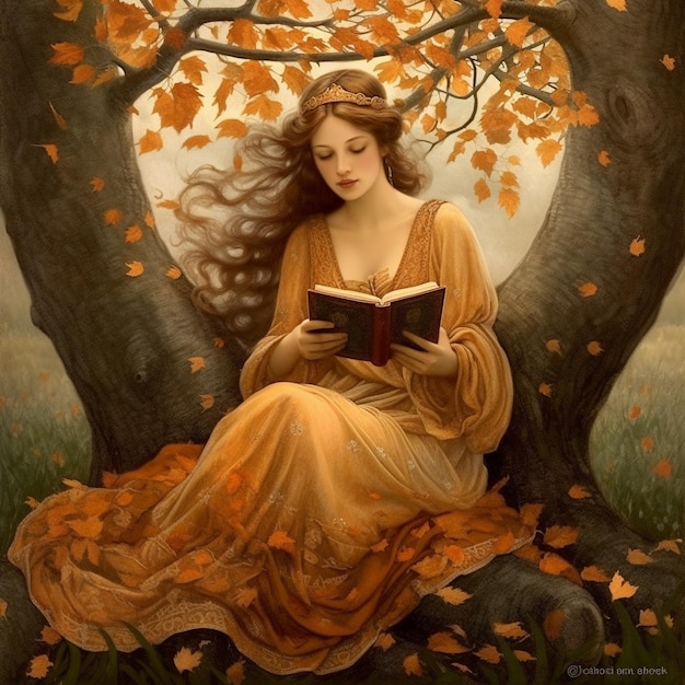 a medieval princess under a tree with little orange leaves holding a book in her hands