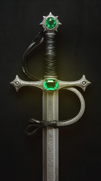 Photo medieval saber blade with green emerald on black background