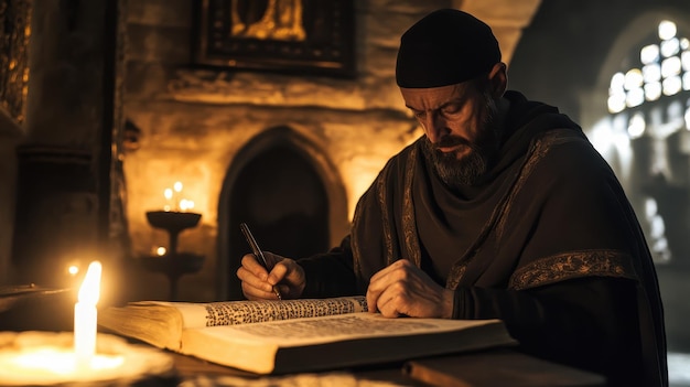 Photo medieval scribe writing in candlelit chamber