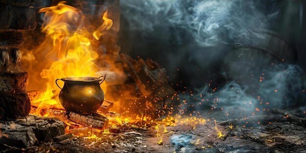 Photo medieval setting with fireplace cooking pot on the fire and 3d animation concept medieval setting fireplace cooking pot 3d animation