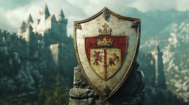 Photo a medieval shield adorned with a coat of arms set against a historic castle backdrop