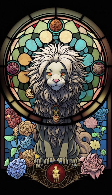 Medieval Stained Glass Mural of a Cute Lion Generative AI