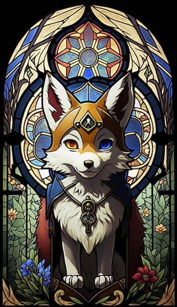 Medieval Stained Glass Mural of a Cute Wolf Generative AI