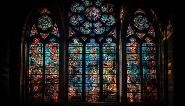 Medieval stained glass window illuminates ancient cathedral generated by AI