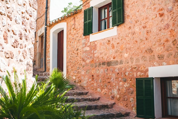 medieval street in the Old Town of the picturesque Spanishstyle village Fornalutx Mallorca