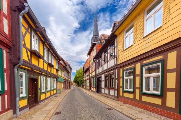 Medieval street with halftimbered houses in wernigerode saxonyanhalt germany