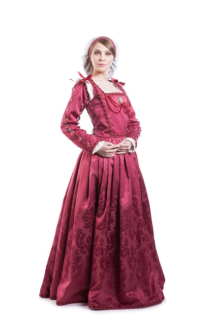 Medieval times lady dressed in elegant retro clothes isolated on white background