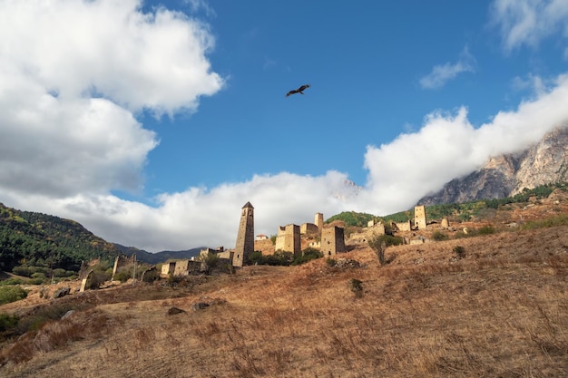 Medieval tower complex Egical one of the authentic medieval castletype tower villages located on the extremity of the mountain range in Ingushetia Russia