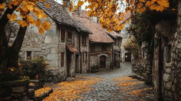 Photo medieval village in autumn with golden leaves covering the cobblestone streets