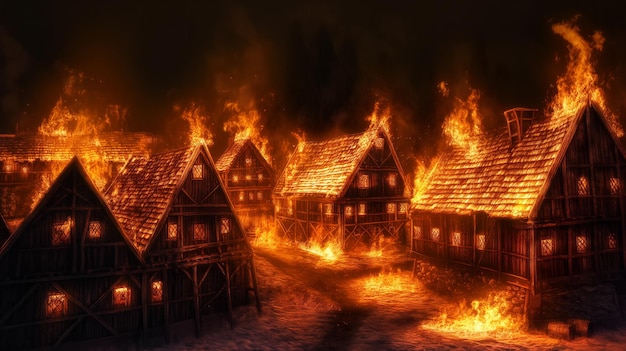 Medieval village on fire houses are engulfed in flames fire in city Attack of barbarians enemies on medieval village settlement War in the kingdom