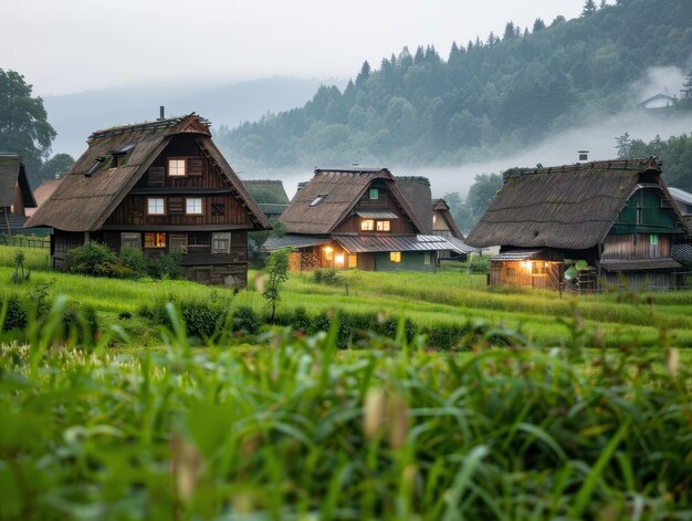 Photo medieval village in lush green valley ai generative