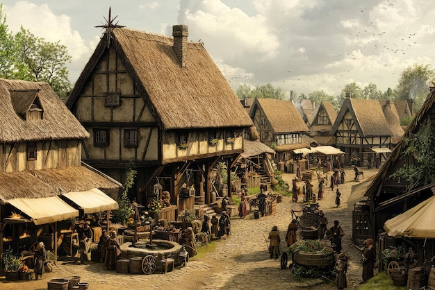 Photo a medieval village scene with thatched roof houses and bustling market activity