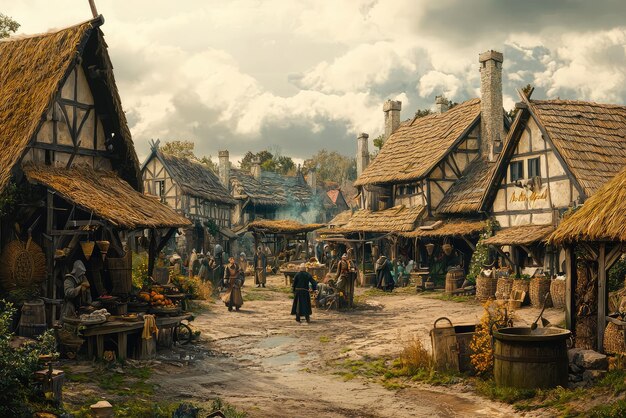 Photo a medieval village scene with thatched roof houses and bustling market activity