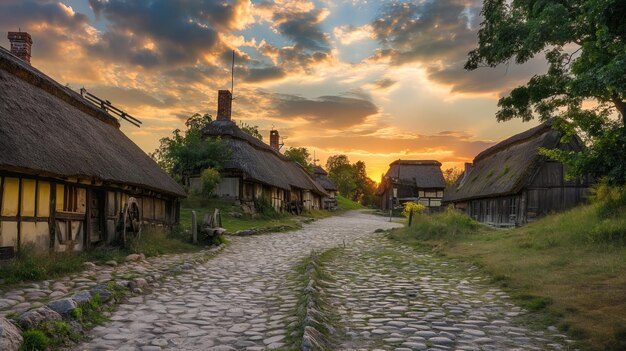 Medieval village with thatchedroof cottages and cobblestone streets