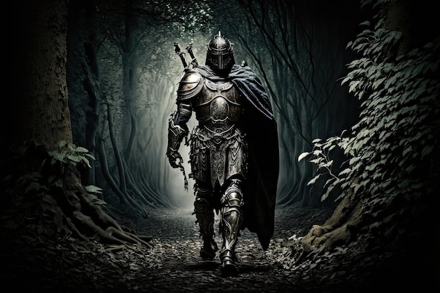 Medieval warrior in armor walking on dark background with trees created with generative ai