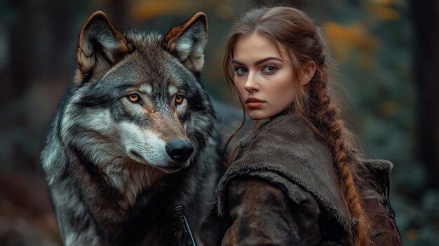 Photo medieval warrior woman accompanied by a wolf ready to hunt wallpaper ai generated image