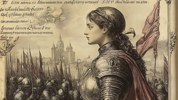 Medieval Woman in Armor Standing with Army Behind Her