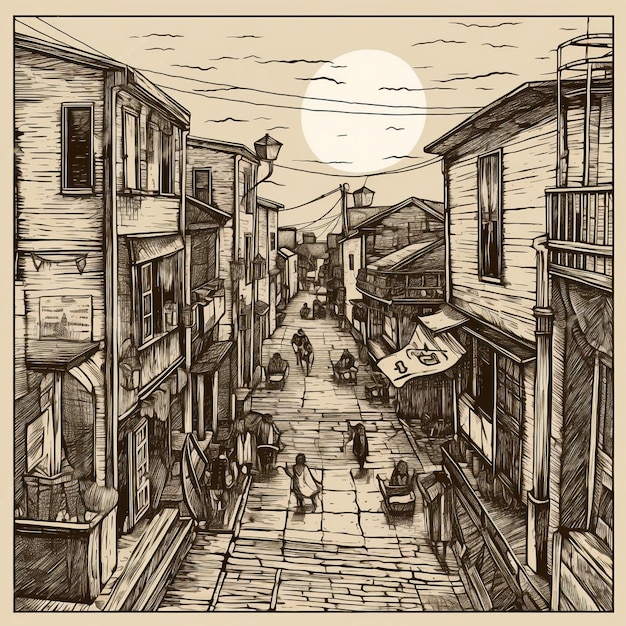 medieval woodcut of a street in tel aviv 3d illustration