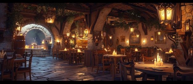 Photo medievalera cafe ambiance with flickering candles transporting patrons to a bygone era of charm and coziness historiccharm