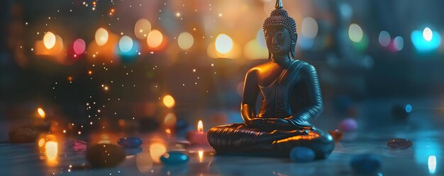 Meditate on the cosmos with a glowing Buddha statue and chakra energy Concept Meditation Cosmos Buddha Statue Chakra Energy Glow