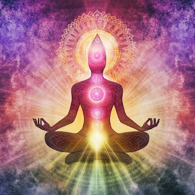 Photo meditating figure in a lotus position with a radiant aura