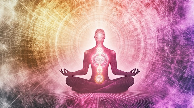 Meditating figure in a lotus position with a radiant aura