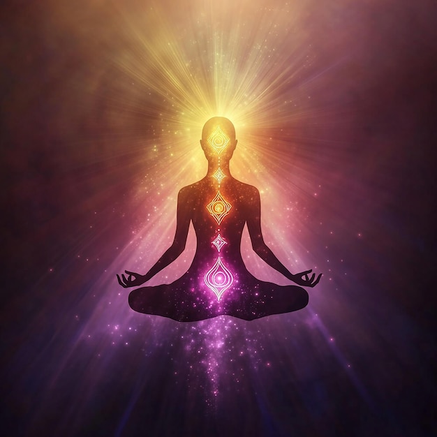 Photo meditating figure in a lotus position with a radiant aura