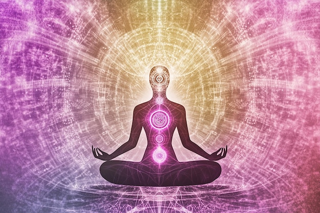 Meditating figure in a lotus position with a radiant aura