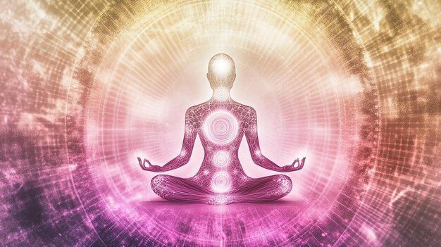 Photo meditating figure in a lotus position with a radiant aura