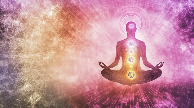 Photo meditating figure in a lotus position with a radiant aura