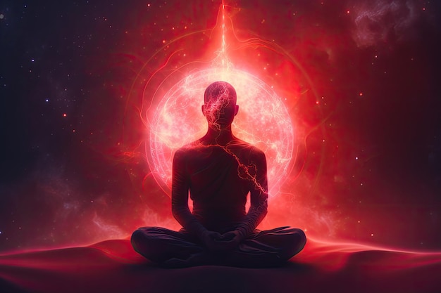 Meditating man Concept of spiritual practice chakras and astral body activation Generative AI