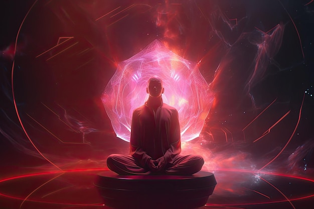 Meditating man on red background Concept of spiritual practice chakras and astral body Generative AI