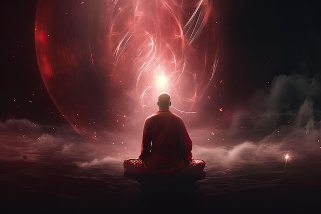 Meditating man on red background Concept of spiritual practice chakras Generative AI