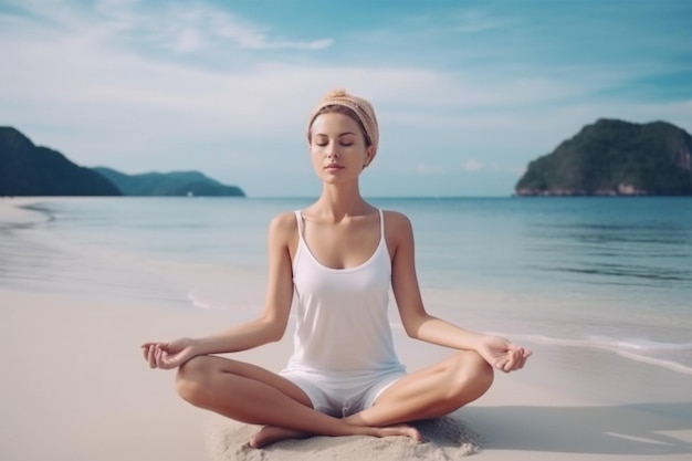 Meditating woman on the beach Created with generative Ai technology