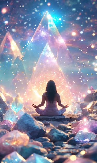 Meditating woman connected to the universe in pastel rainbow colors