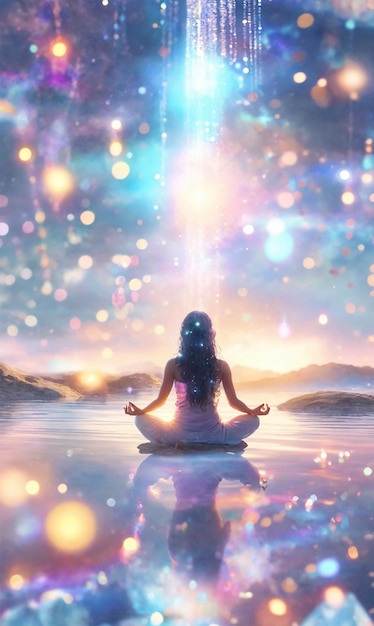 Meditating woman connected to the universe in pastel rainbow colors