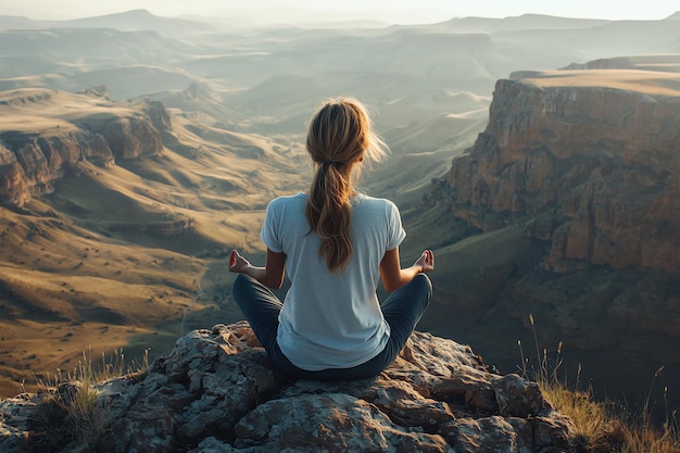 Photo meditating woman finds balance on hilltop cliff