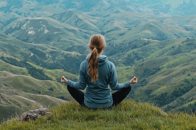 Photo meditating woman finds balance on hilltop cliff