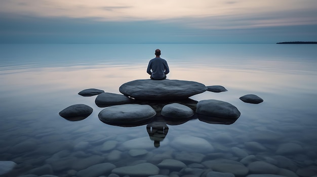 Meditation alone on a rock by the river Beautiful sky Zen Serenity AI Generative