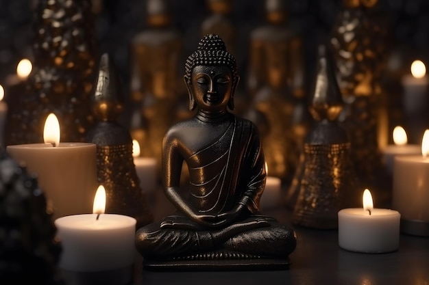 Meditation buddha statue with candles and lotus neural network ai generated