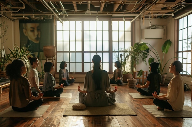 A meditation guide leading a group session in a se generative ai