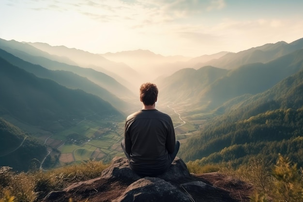 Meditation landscape and man sitting on a mountain top for mindfulness and spirituality Peaceful stress free and focus in nature with view for mental health Ai generated