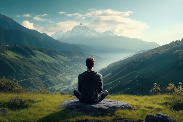 Meditation landscape and man sitting on a mountain top for mindfulness and spirituality Peaceful stress free and focus in nature with view for mental health Ai generated